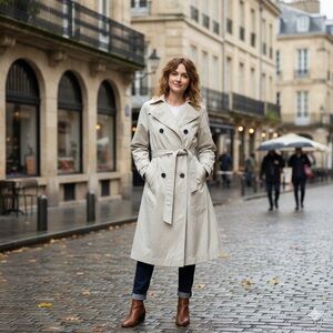 H&M Sz XS Oversized Cream Long Belted Trench-Coat